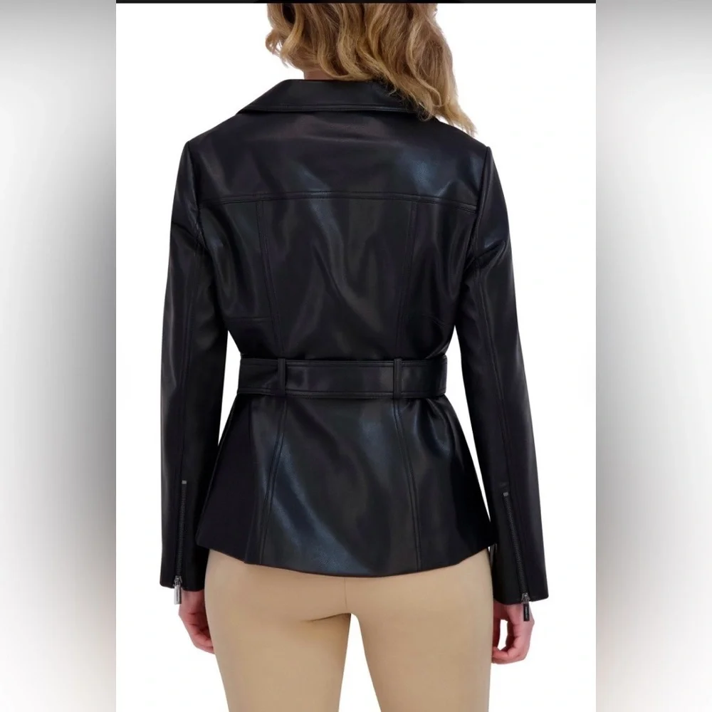 NWT Kenneth Cole Black Faux Leather Belted Jacket Size L